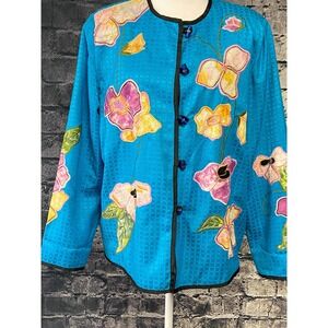 Alex Kim Womens Jacket Size Large Blue Flowers Embroidered Casual‎ Party Art Vtg